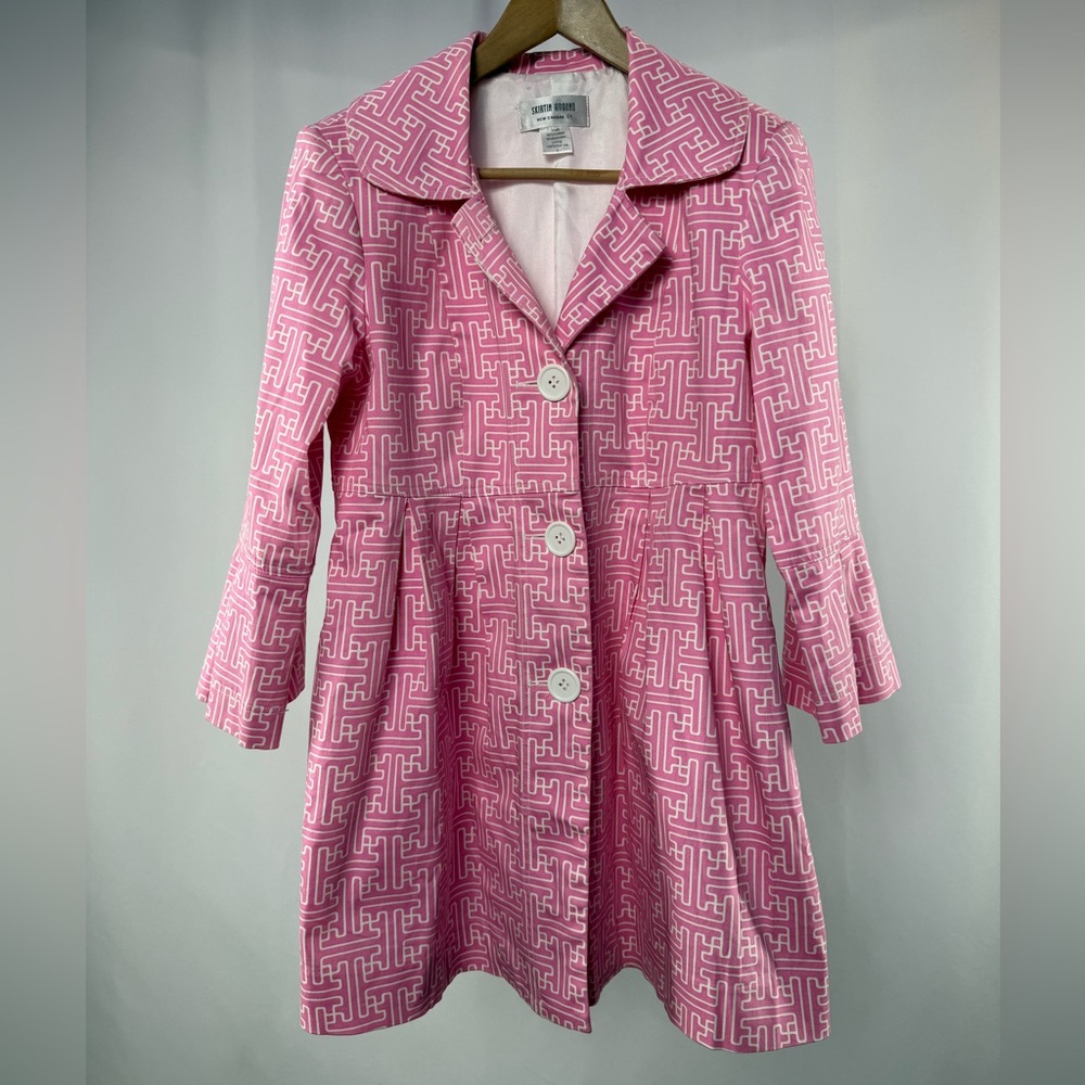 Skirtin Around 3/4 Sleeve Geometric Print Fit & Flare Jacket in Pink White Sz 6‎